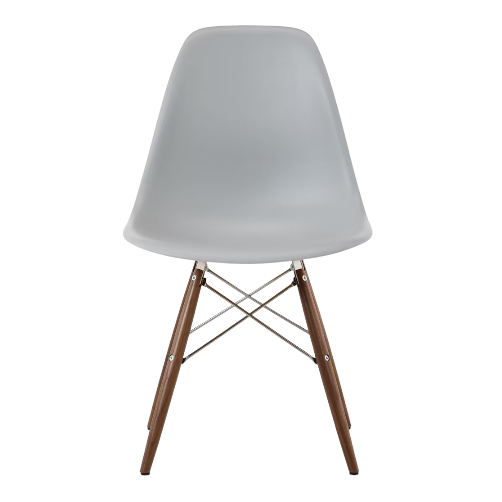 The light gray shell Eames Molded Plastic Side Chair Dowel-Leg Base from Herman Miller with the trivalent chrome base and walnut legs.