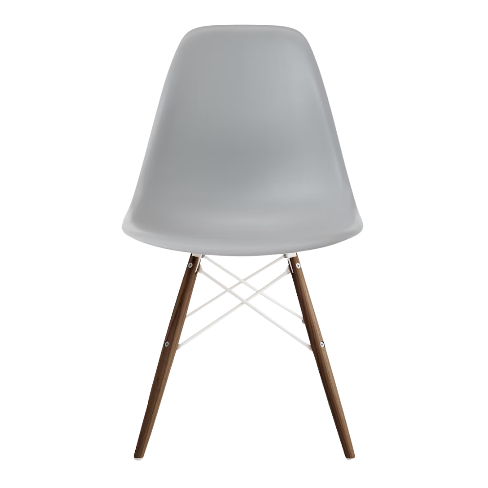 The light gray shell Eames Molded Plastic Side Chair Dowel-Leg Base from Herman Miller with the white base and walnut legs.