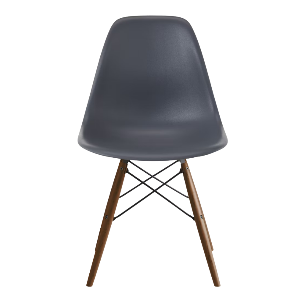 The medium gray shell Eames Molded Plastic Side Chair Dowel-Leg Base from Herman Miller with the black base and walnut legs.