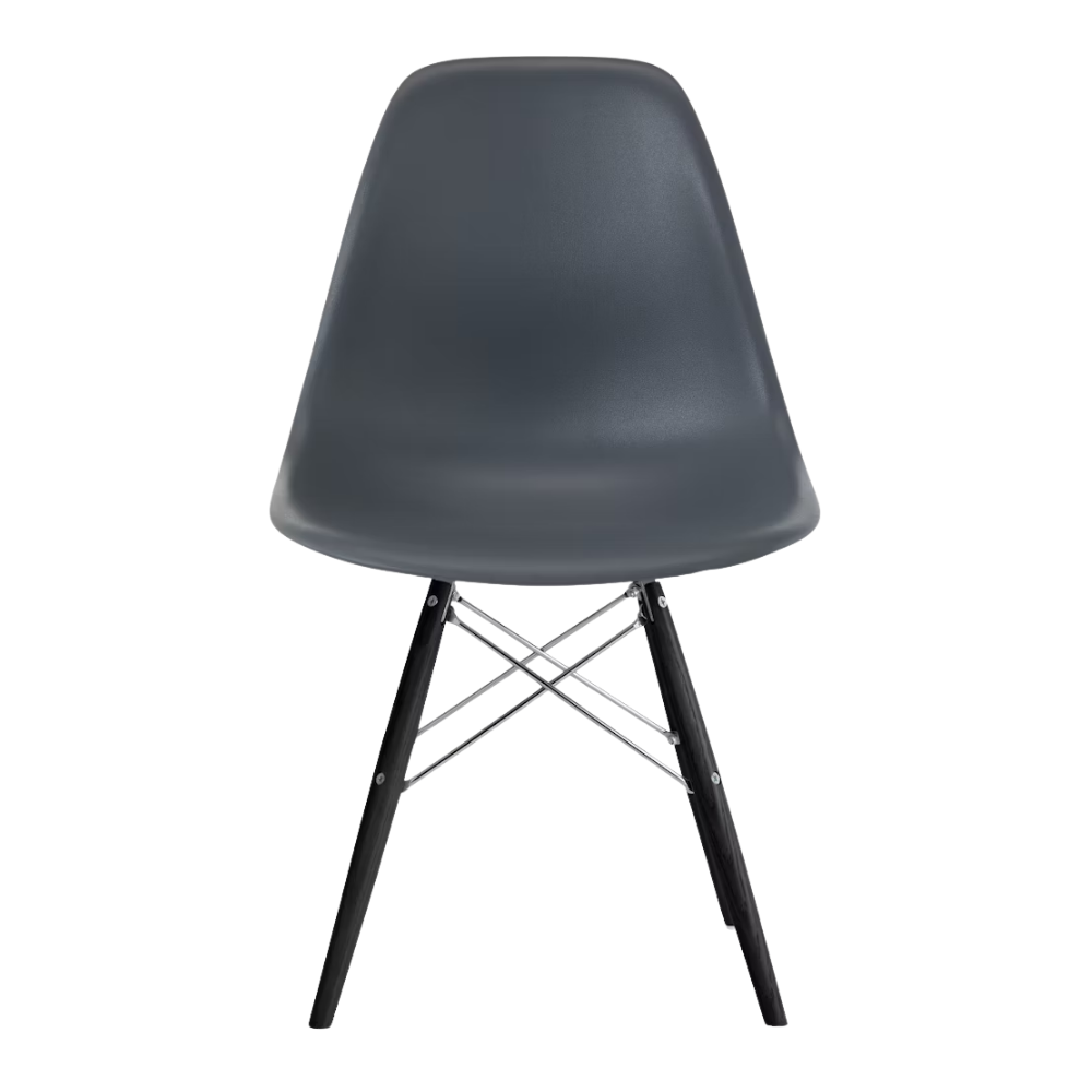The medium gray shell Eames Molded Plastic Side Chair Dowel-Leg Base from Herman Miller with the trivalent chrome base and ebony legs.
