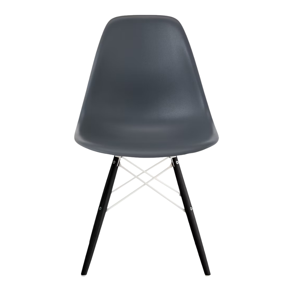 The medium gray shell Eames Molded Plastic Side Chair Dowel-Leg Base from Herman Miller with the white base and ebony legs.