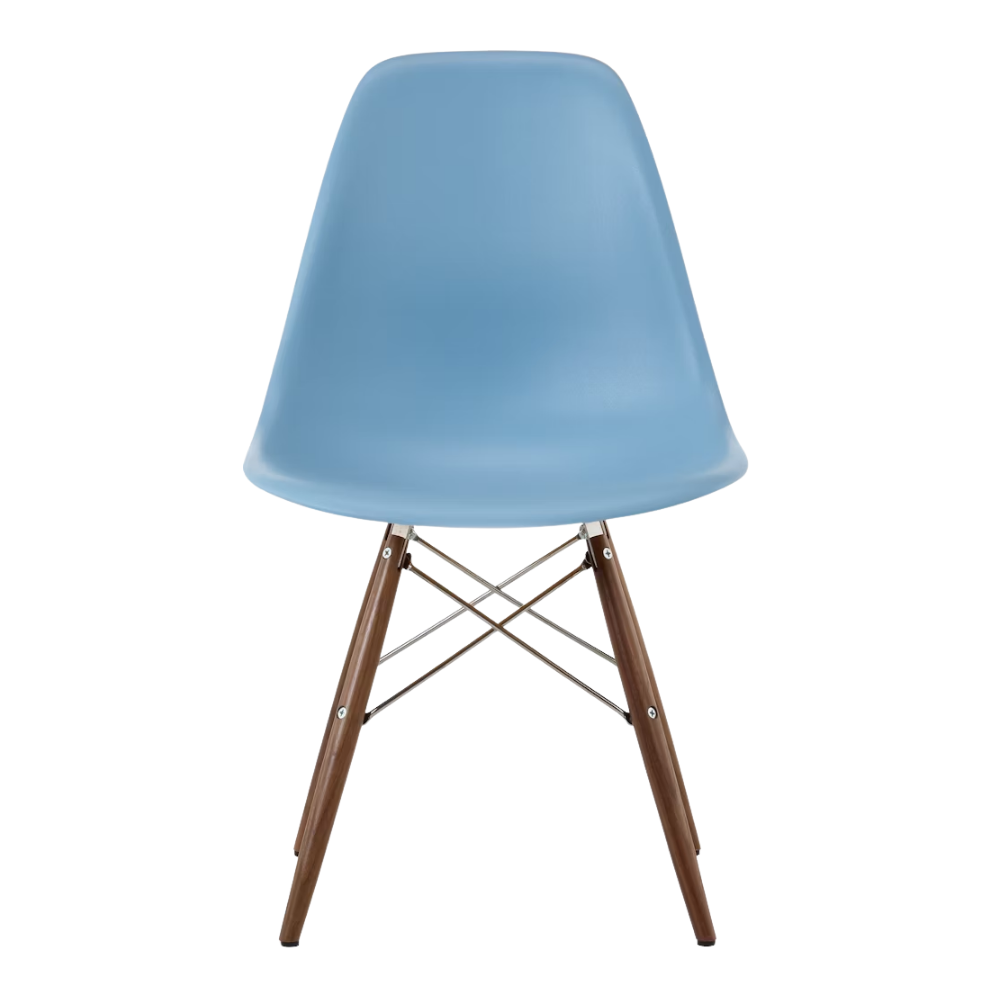 The pale blue shell Eames Molded Plastic Side Chair Dowel-Leg Base from Herman Miller with the trivalent chrome base and walnut legs.