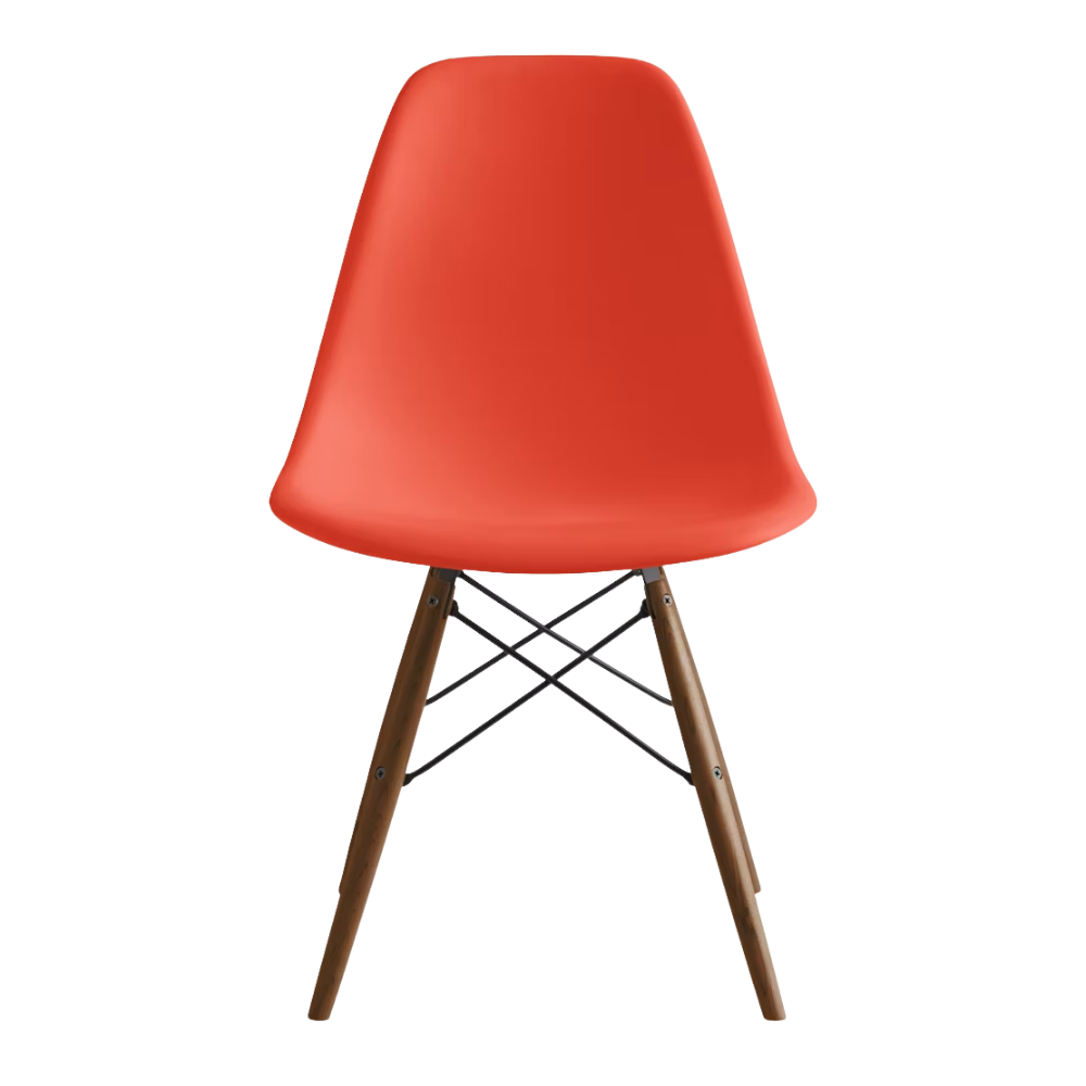 The red orange shell Eames Molded Plastic Side Chair Dowel-Leg Base from Herman Miller with the black base and walnut legs.