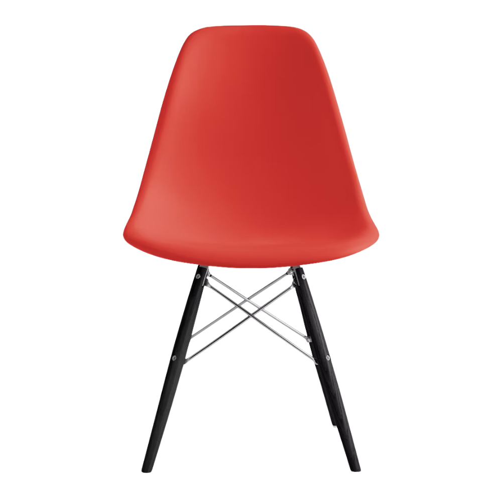 The red orange shell Eames Molded Plastic Side Chair Dowel-Leg Base from Herman Miller with the trivalent chrome base and ebony legs.