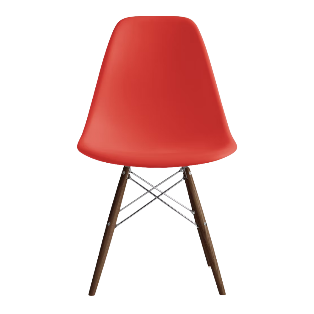 The red orange shell Eames Molded Plastic Side Chair Dowel-Leg Base from Herman Miller with the trivalent chrome base and walnut legs.