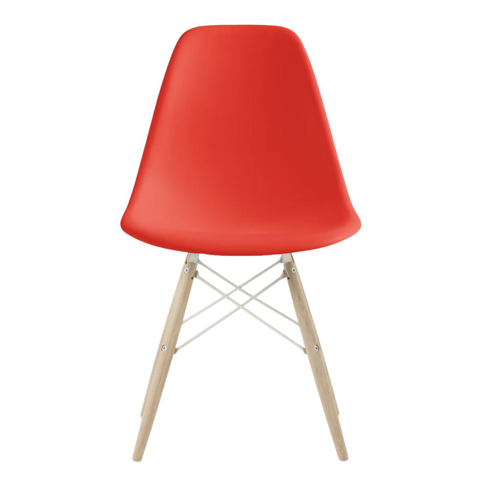 The red orange shell Eames Molded Plastic Side Chair Dowel-Leg Base from Herman Miller with the white base and white oak legs.