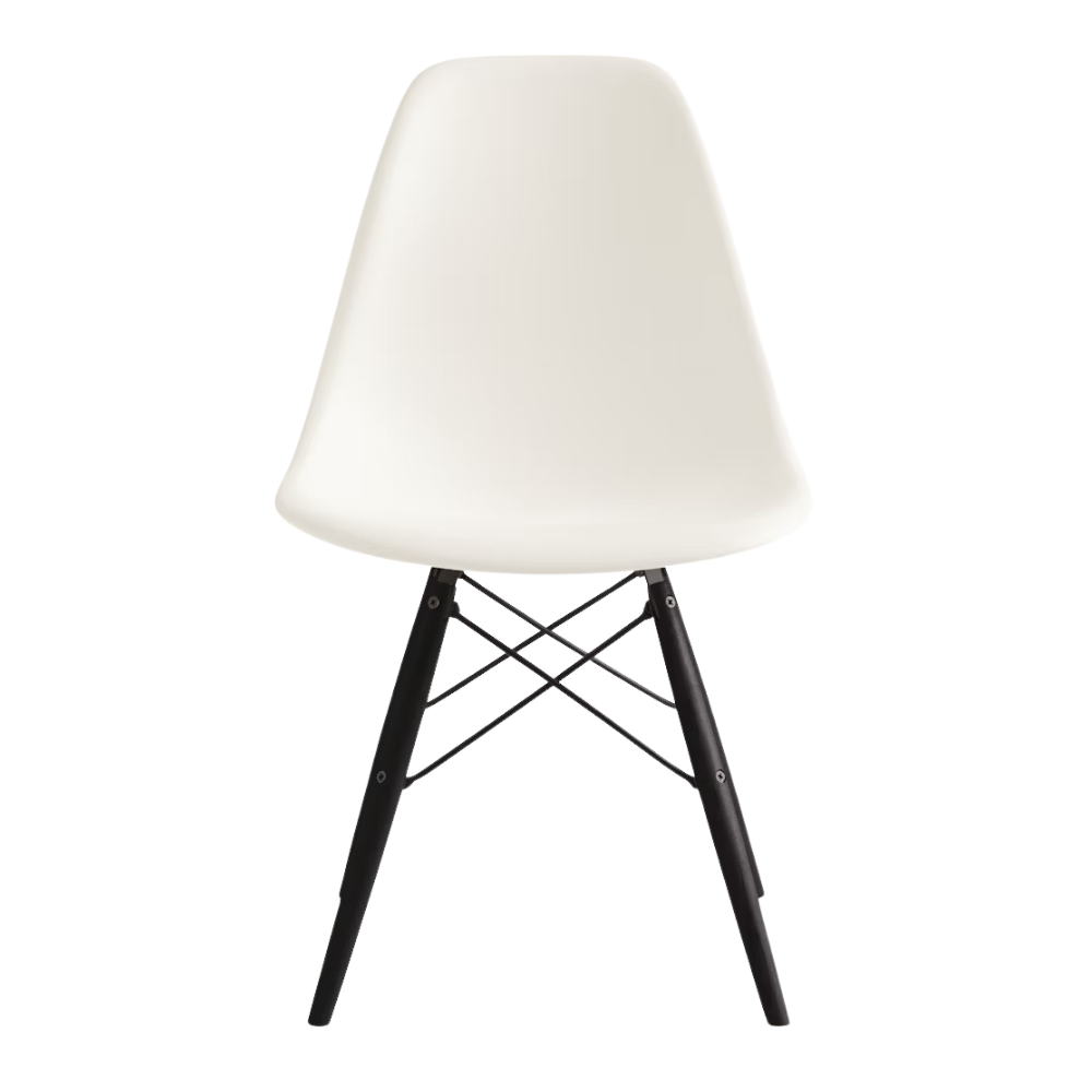 The white shell Eames Molded Plastic Side Chair Dowel-Leg Base from Herman Miller with the black base and ebony legs.