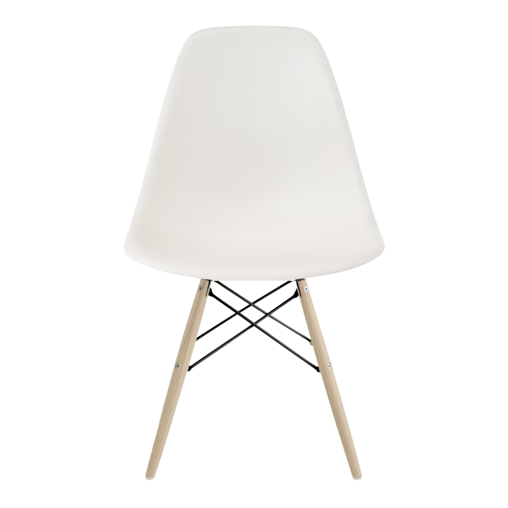 The white shell Eames Molded Plastic Side Chair Dowel-Leg Base from Herman Miller with the black base and white oak legs.