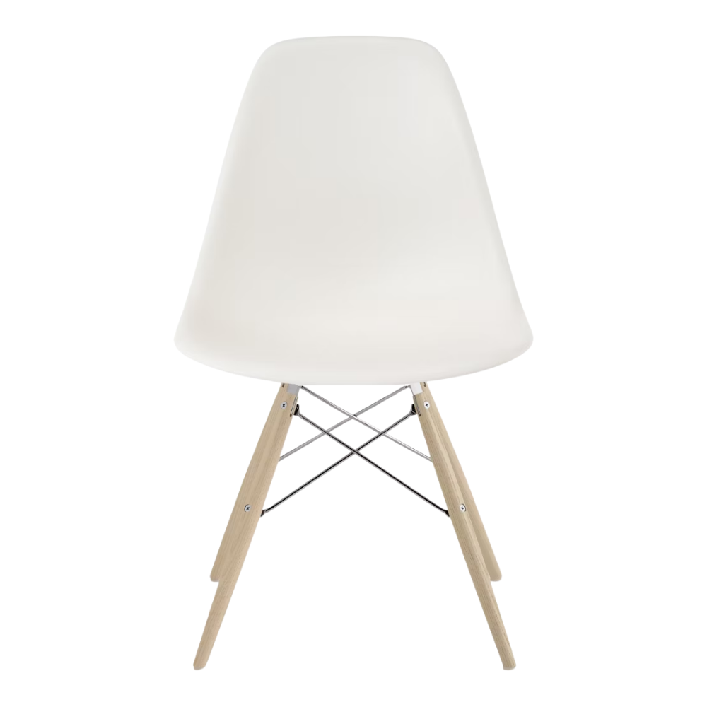 The white shell Eames Molded Plastic Side Chair Dowel-Leg Base from Herman Miller with the trivalent chrome base and white oak legs.