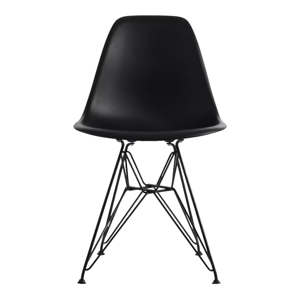 The black shell Eames Molded Plastic Side Chair Wire Base from Herman Miller with black base.