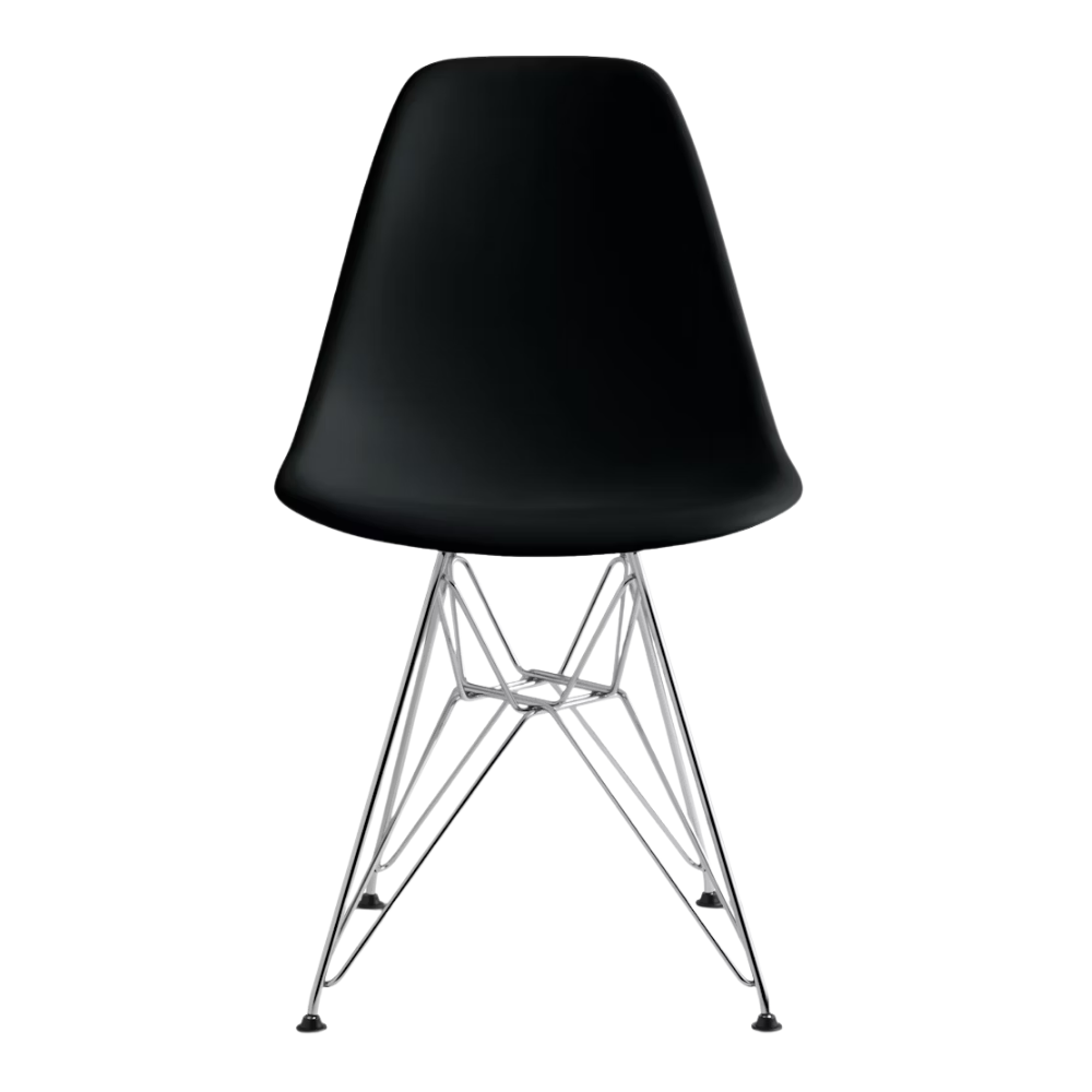The black shell Eames Molded Plastic Side Chair Wire Base from Herman Miller with trivalent chrome base.