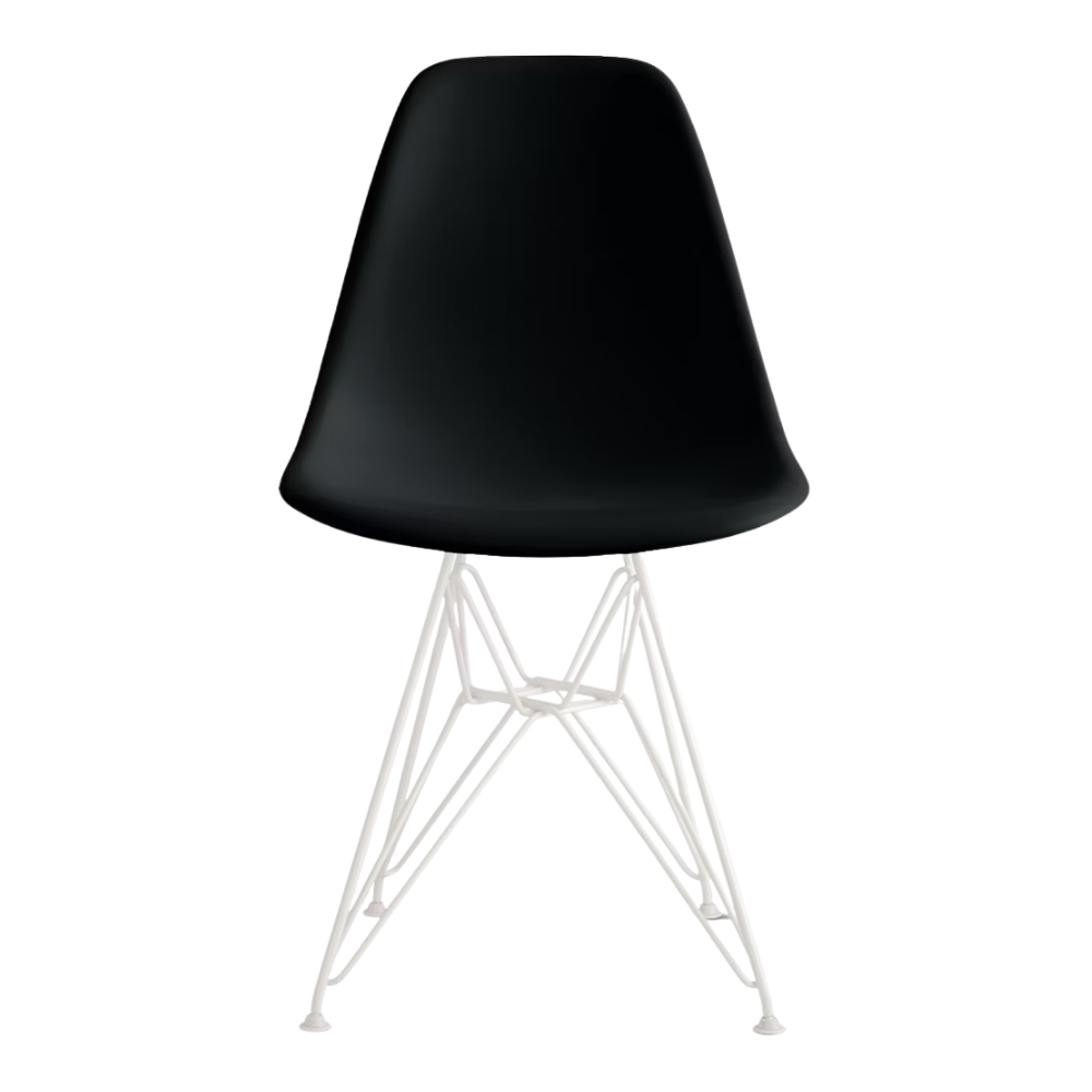 The black shell Eames Molded Plastic Side Chair Wire Base from Herman Miller with white base.