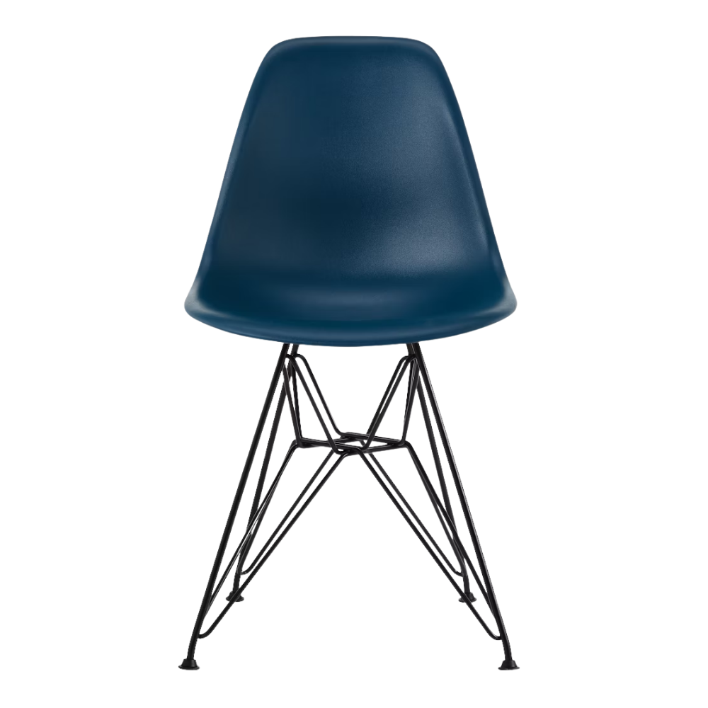 The blue green shell Eames Molded Plastic Side Chair Wire Base from Herman Miller with black base.