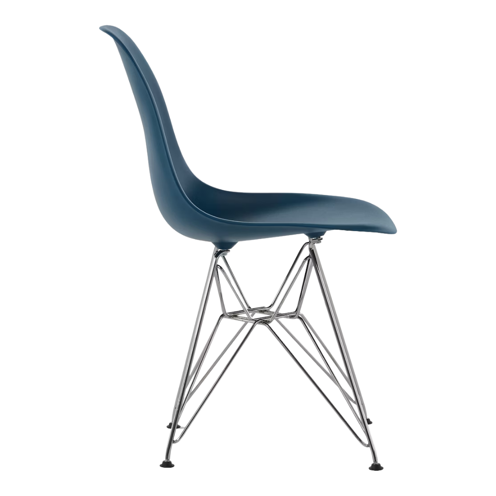 The blue green shell Eames Molded Plastic Side Chair Wire Base from Herman Miller with trivalent chrome base from the side.
