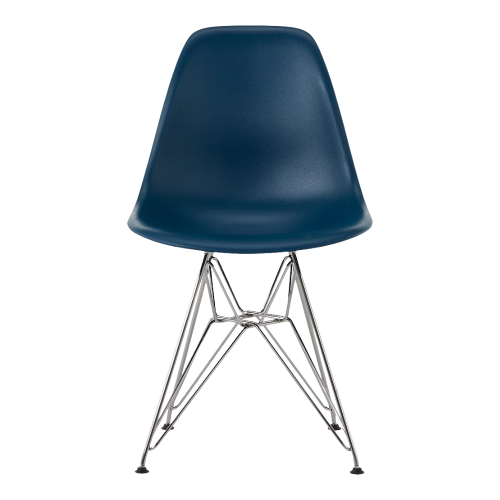 The blue green shell Eames Molded Plastic Side Chair Wire Base from Herman Miller with trivalent chrome base.