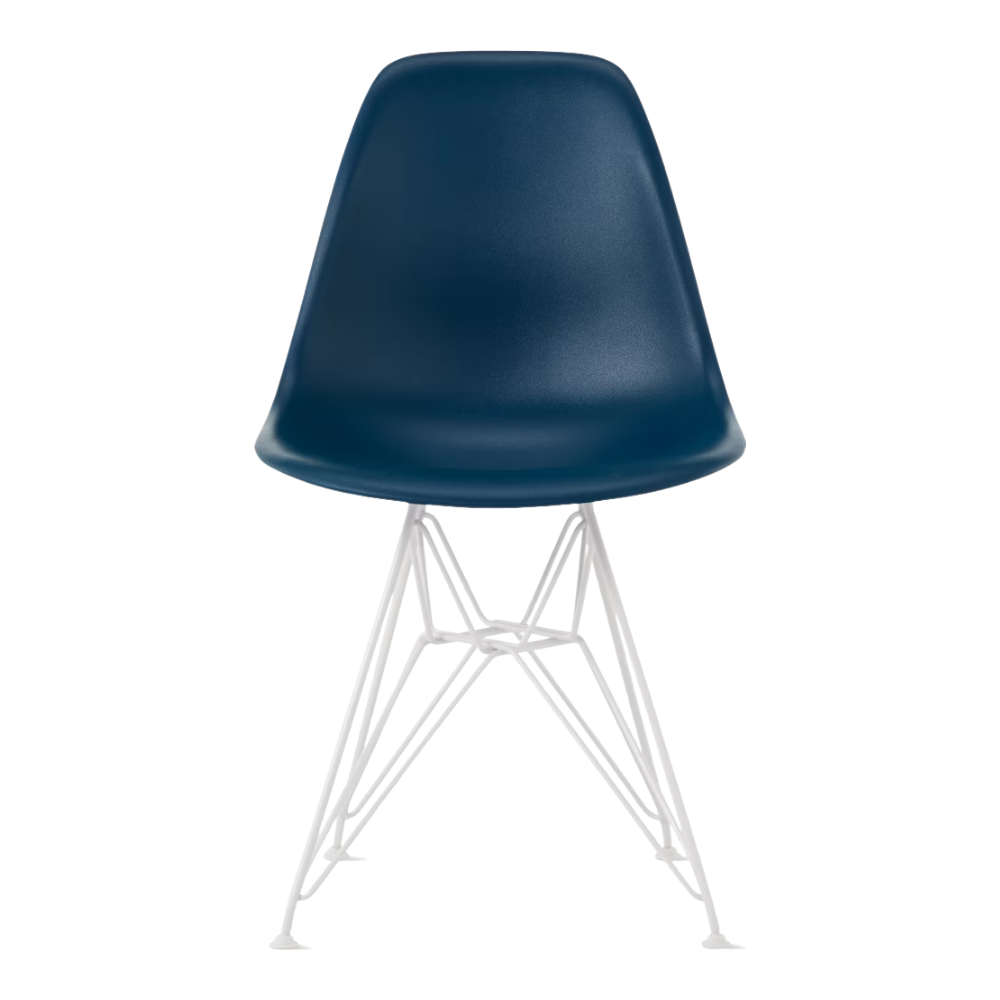The blue green shell Eames Molded Plastic Side Chair Wire Base from Herman Miller with white base.