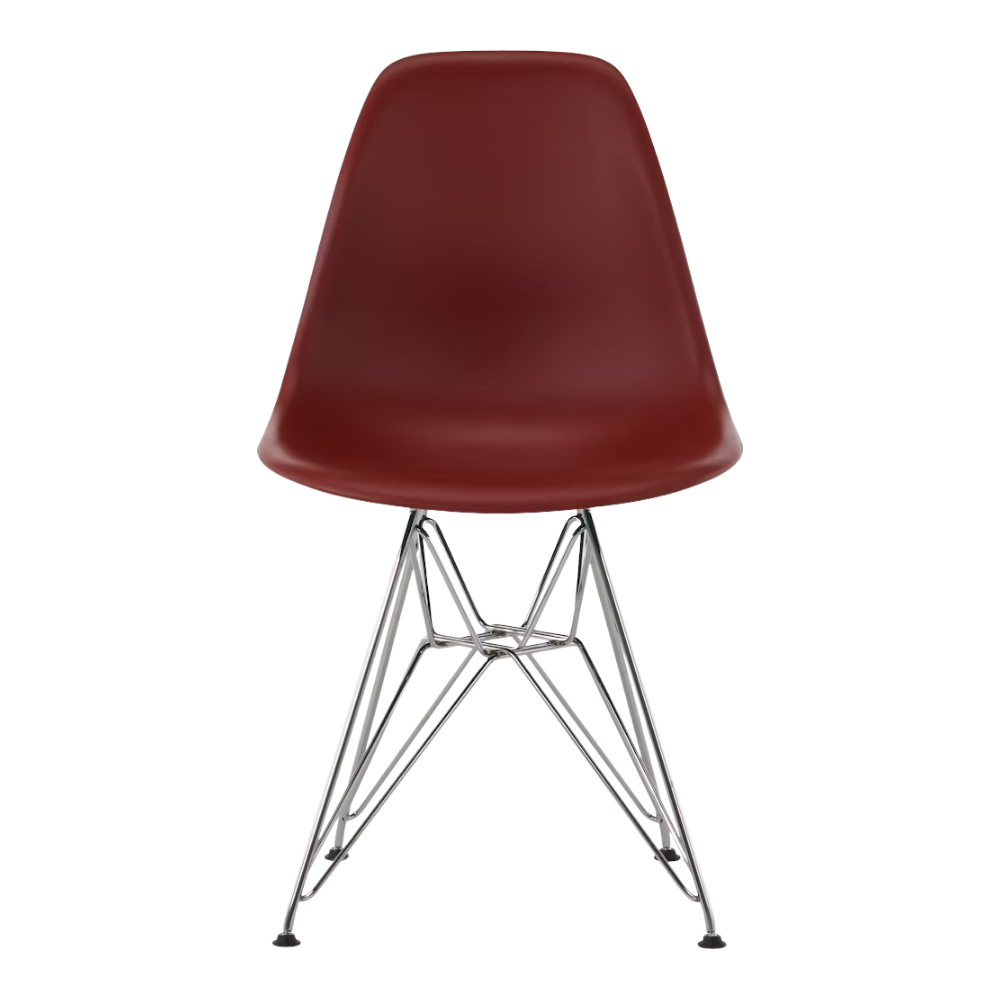 The brick red shell Eames Molded Plastic Side Chair Wire Base from Herman Miller with trivalent chrome base.