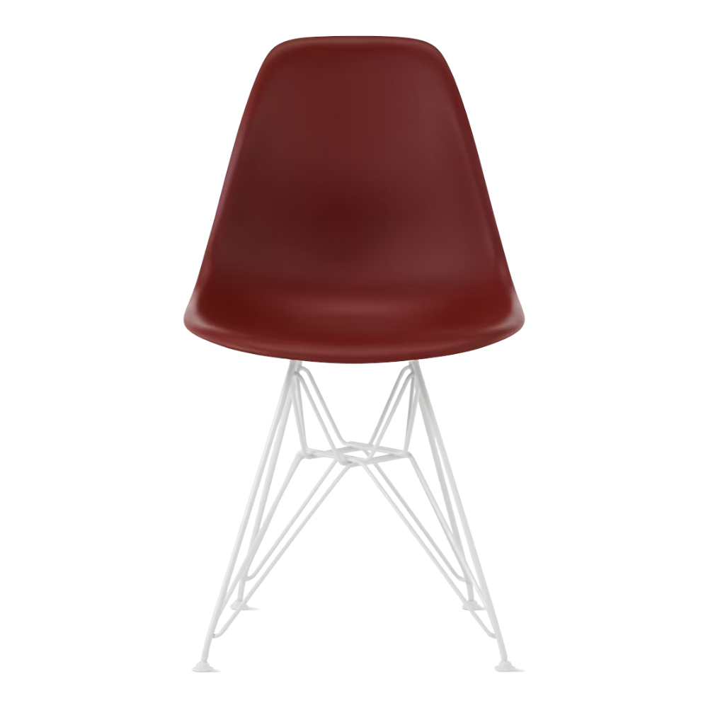 The brick red shell Eames Molded Plastic Side Chair Wire Base from Herman Miller with white base.