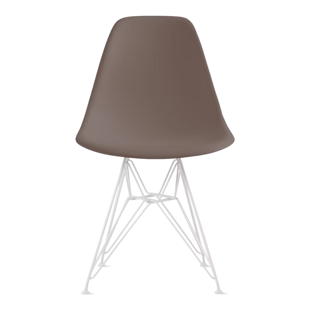 The cocoa shell Eames Molded Plastic Side Chair Wire Base from Herman Miller with white base.