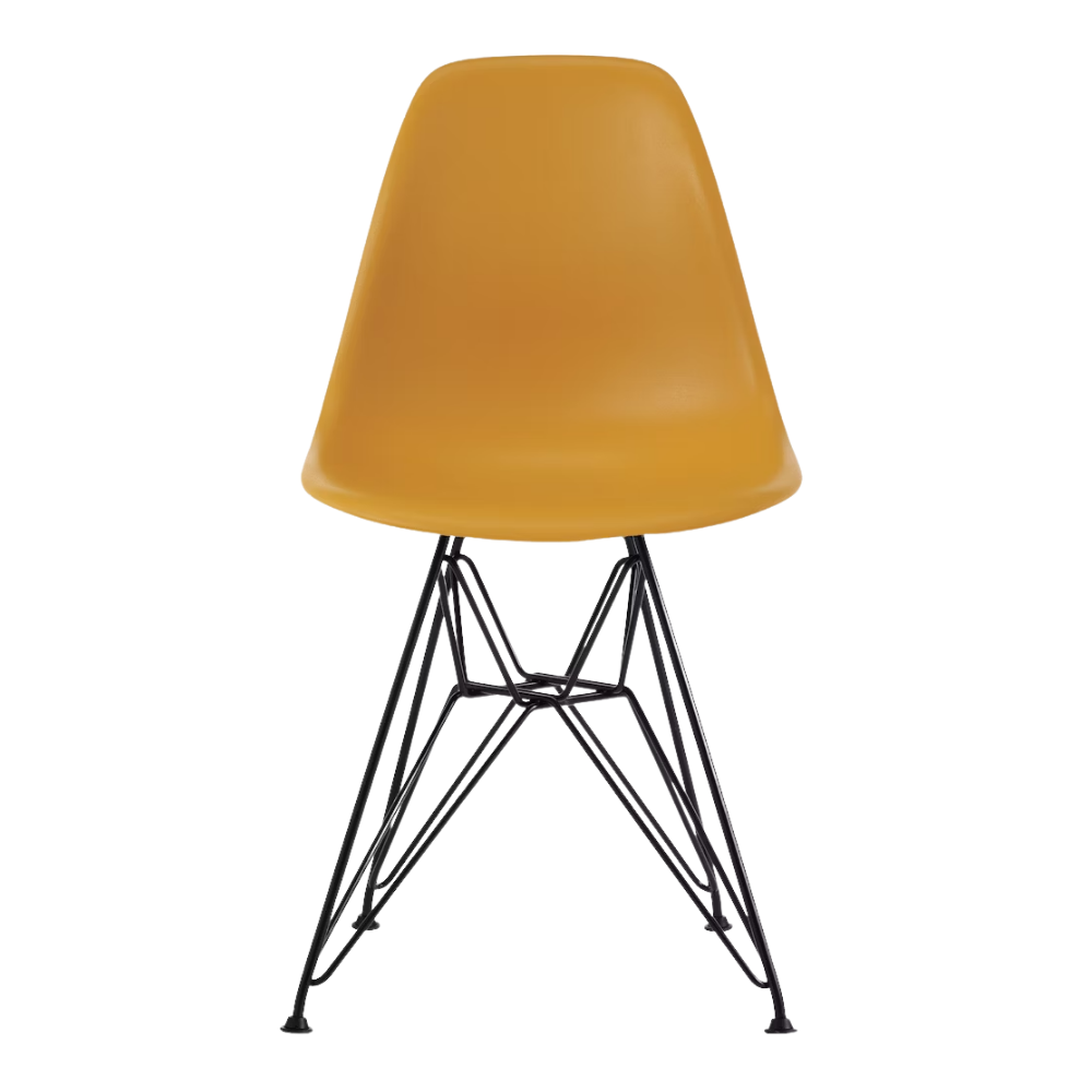 The deep yellow shell Eames Molded Plastic Side Chair Wire Base from Herman Miller with black base.