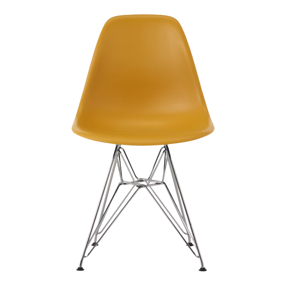 The deep yellow shell Eames Molded Plastic Side Chair Wire Base from Herman Miller with trivalent chrome base.