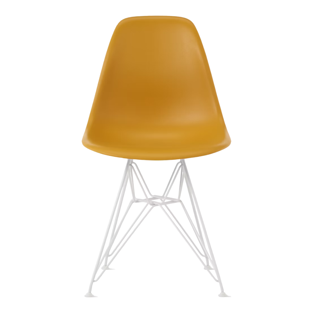 The deep yellow shell Eames Molded Plastic Side Chair Wire Base from Herman Miller with white base.