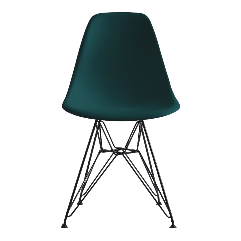 The evergreen shell Eames Molded Plastic Side Chair Wire Base from Herman Miller with black base.