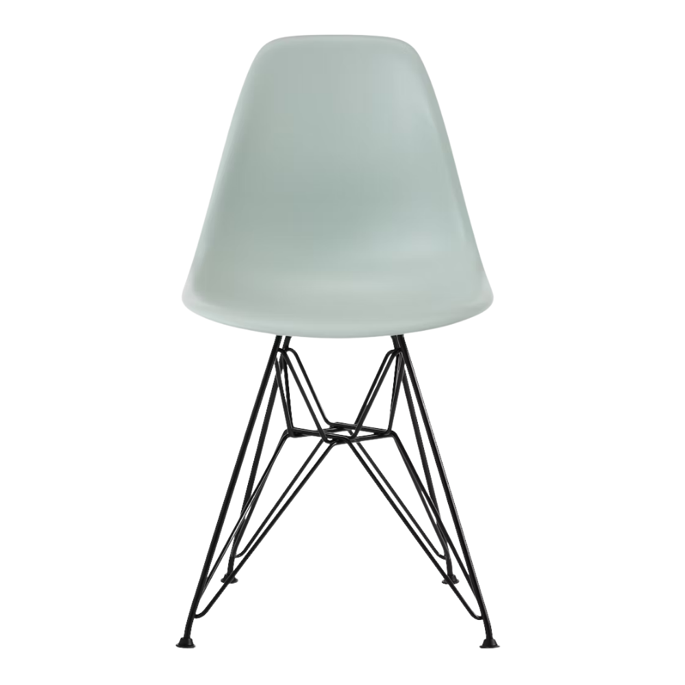 The gray green shell Eames Molded Plastic Side Chair Wire Base from Herman Miller with black base.