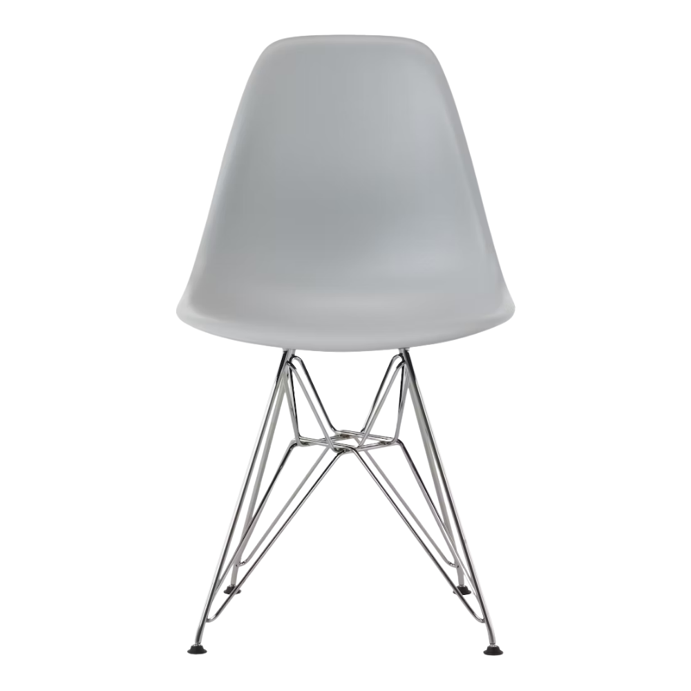 The light gray shell Eames Molded Plastic Side Chair Wire Base from Herman Miller with trivalent chrome base.