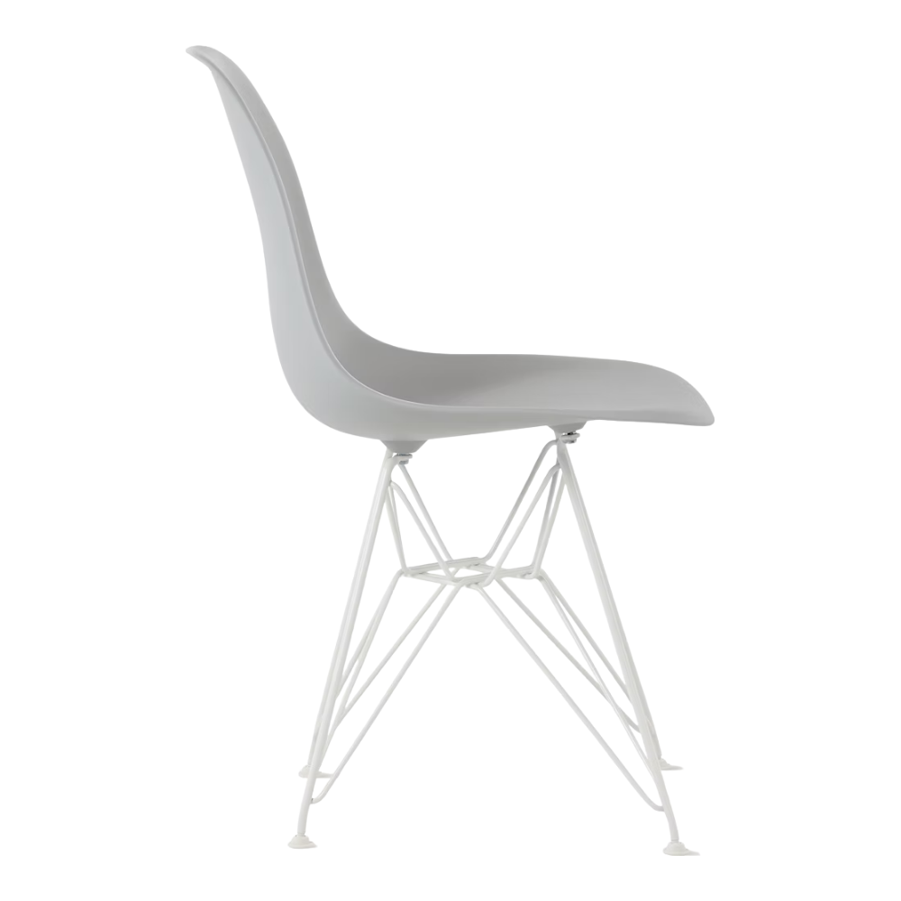The light gray shell Eames Molded Plastic Side Chair Wire Base from Herman Miller with white base from the alternate side.