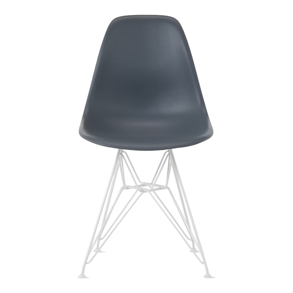 The medium gray shell Eames Molded Plastic Side Chair Wire Base from Herman Miller with white base.