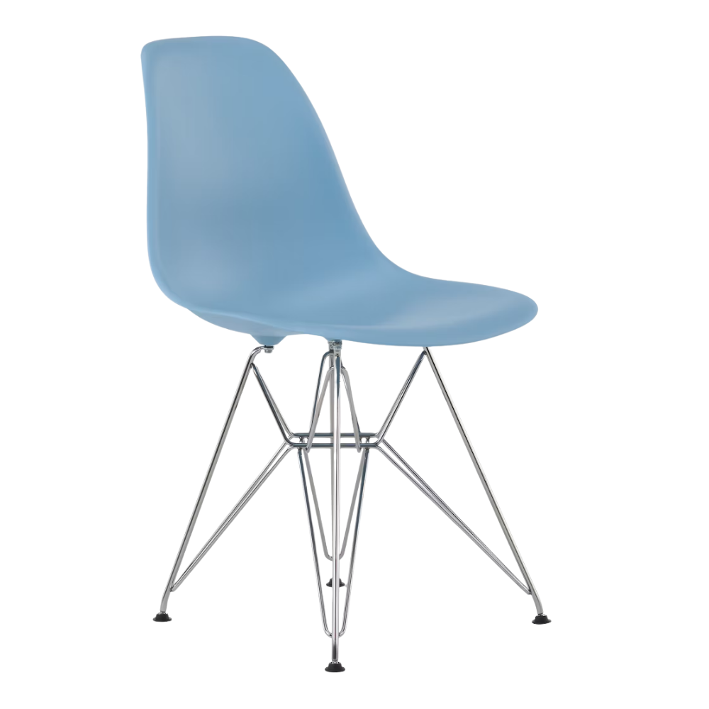 The pale blue shell Eames Molded Plastic Side Chair Wire Base from Herman Miller with trivalent chrome base from an angle.