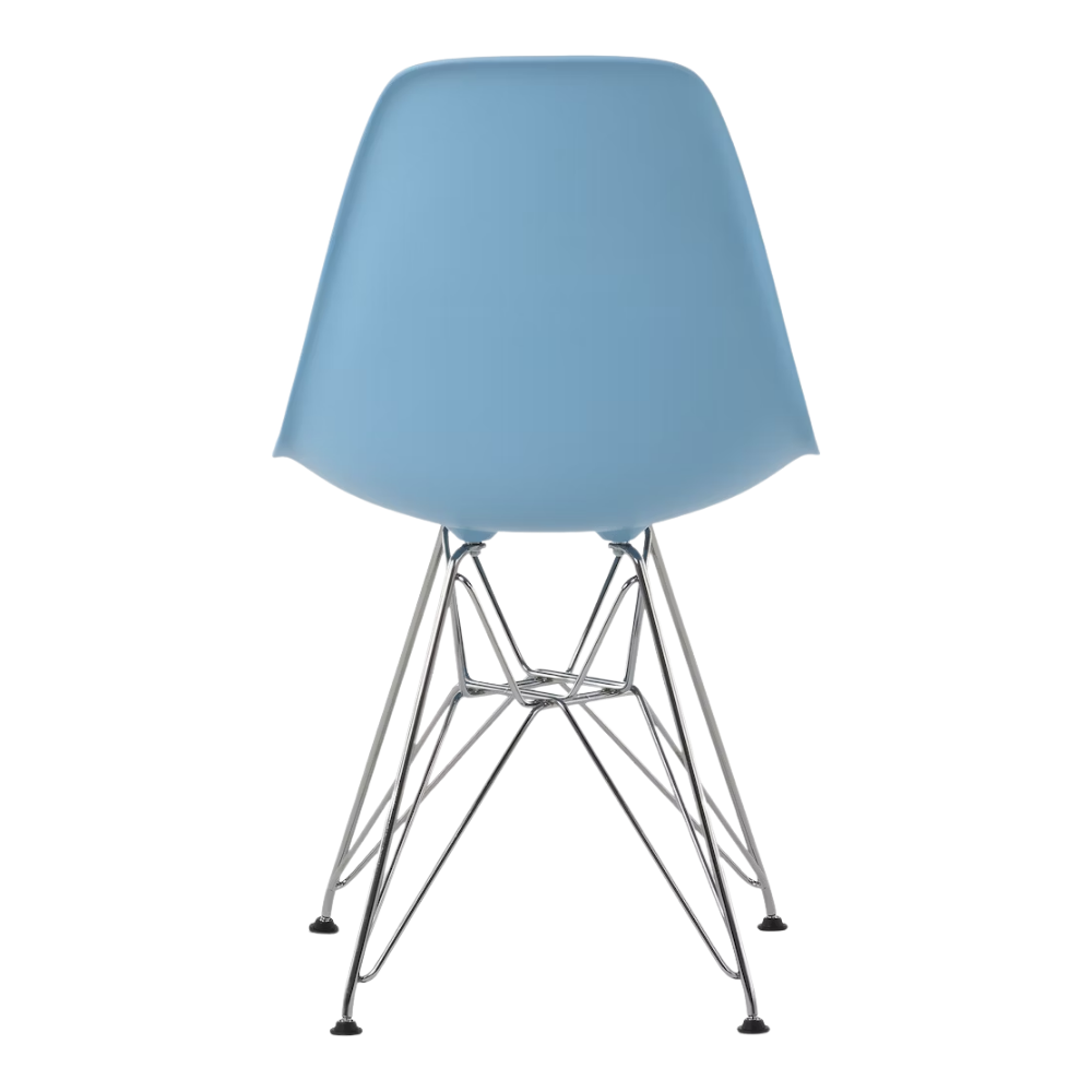 The pale blue shell Eames Molded Plastic Side Chair Wire Base from Herman Miller with trivalent chrome base from the back.