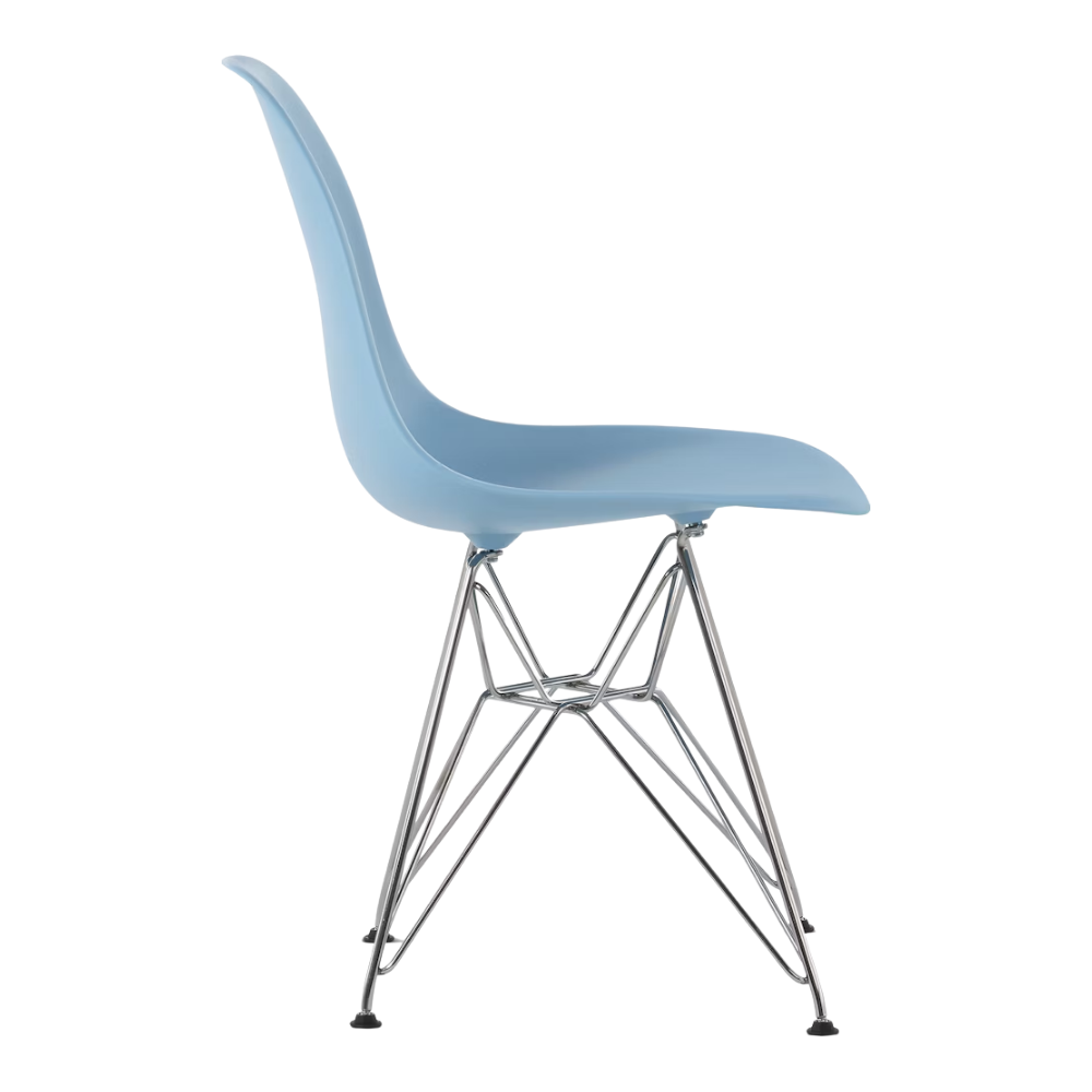 The pale blue shell Eames Molded Plastic Side Chair Wire Base from Herman Miller with trivalent chrome base from the side.