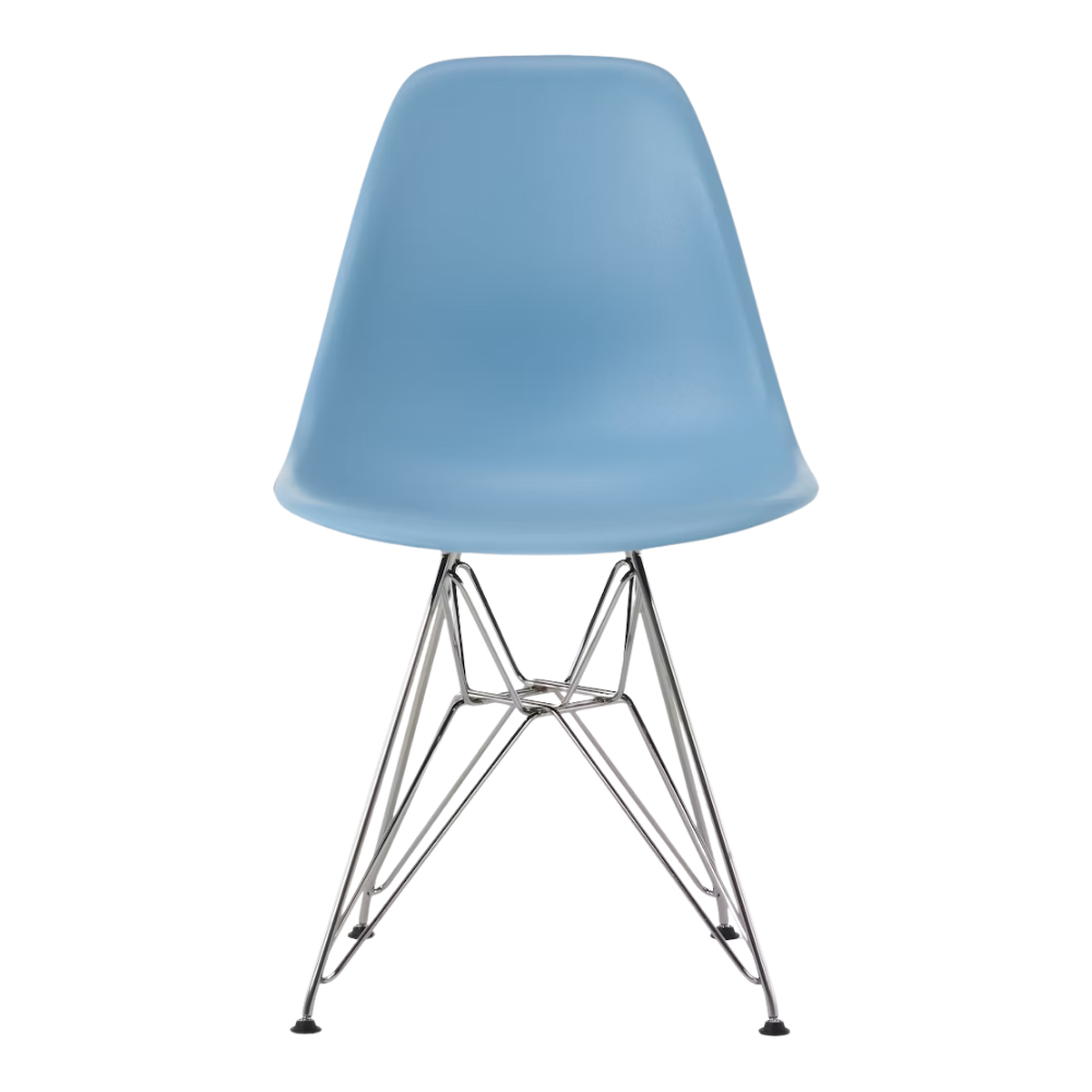 The pale blue shell Eames Molded Plastic Side Chair Wire Base from Herman Miller with trivalent chrome base.