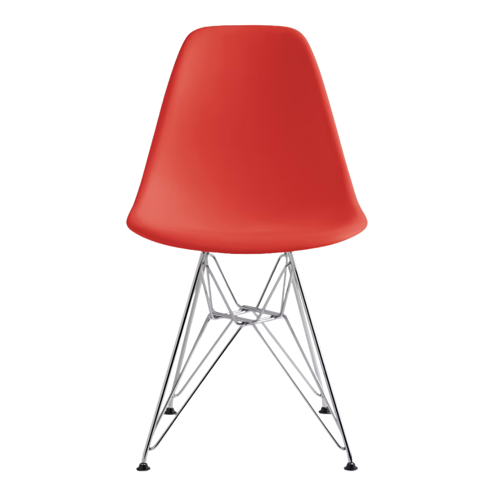 The red orange shell Eames Molded Plastic Side Chair Wire Base from Herman Miller with trivalent chrome base.