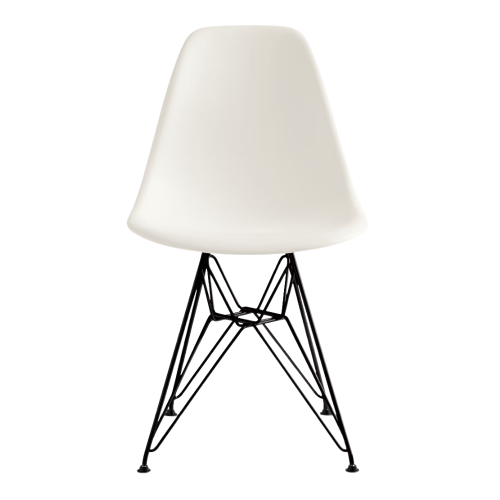 The white shell Eames Molded Plastic Side Chair Wire Base from Herman Miller with black base.