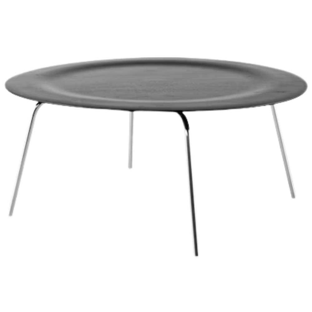 The Eames Molded Plywood Coffee Table Metal Base from Herman Miller with the ebony top and trivalent chrome base at an angle.
