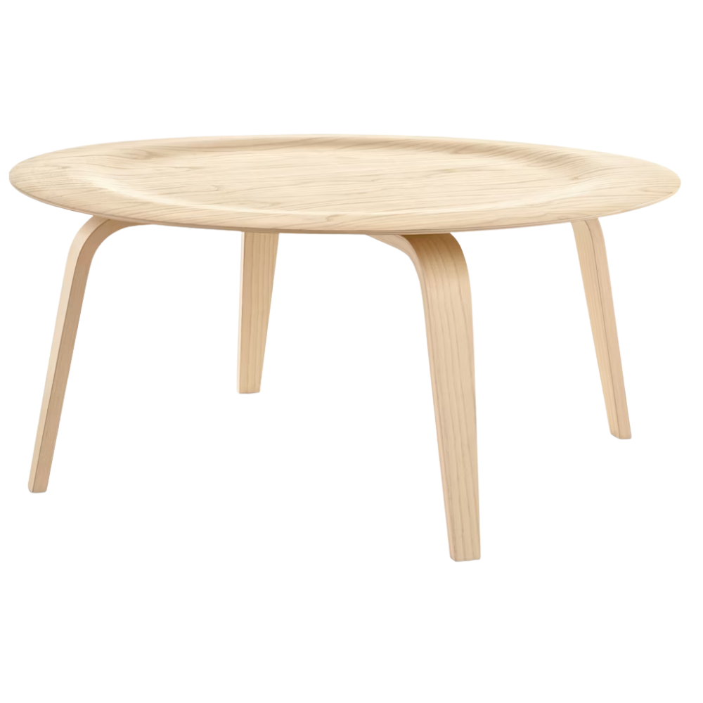 The white ash Eames Molded Plywood Coffee Table from Herman Miller at an angle.