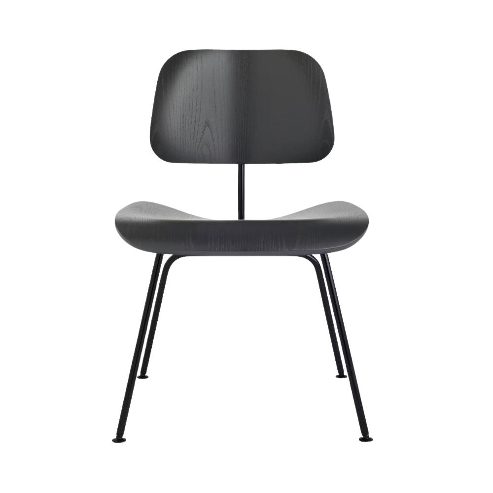 The Eames Molded Plywood Dining Chair Metal Base from Herman Miller with the ebony shell and black legs.