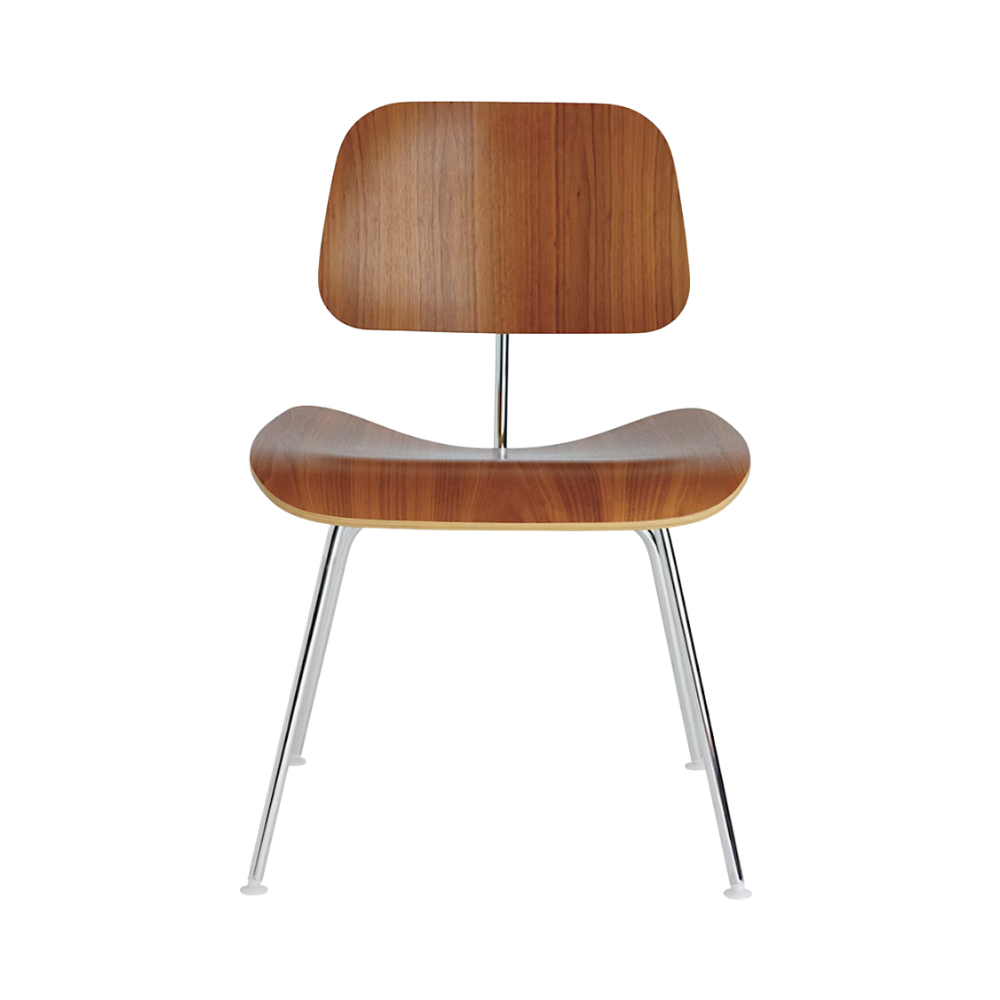 The Eames Molded Plywood Dining Chair Metal Base from Herman Miller with the walnut shell and trivalent chrome legs.