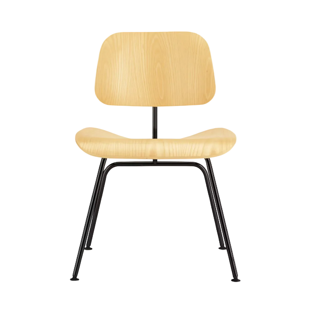 The Eames Molded Plywood Dining Chair Metal Base from Herman Miller with the white ash shell and black legs.