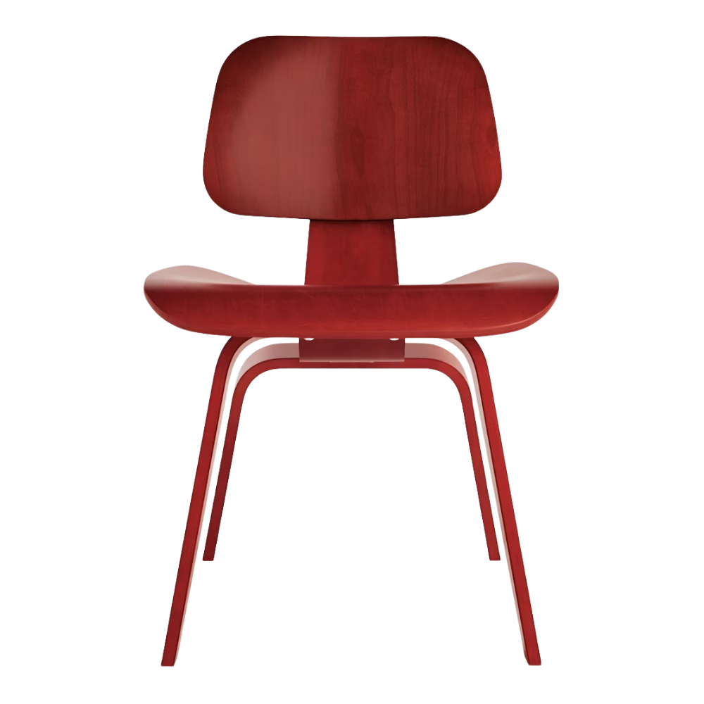 The red stained birch Eames Molded Plywood Dining Chair Wood Base from Herman Miller.