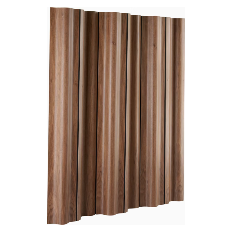 The Eames Molded Plywood Folding Screen from Herman Miller in walnut in an angled view.