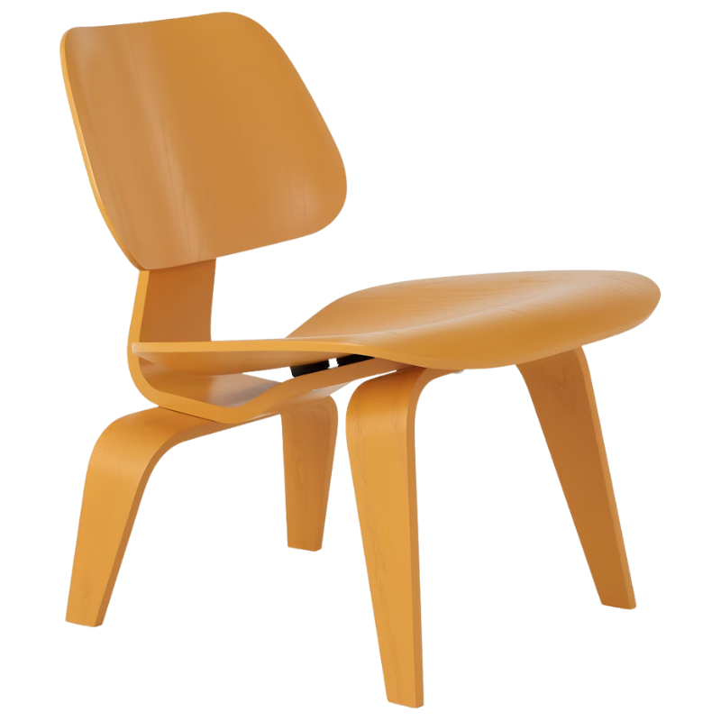 The Deep Yellow Stain Eames Molded Plywood Lounge Chair Wood Base from Herman Miller from an angle.