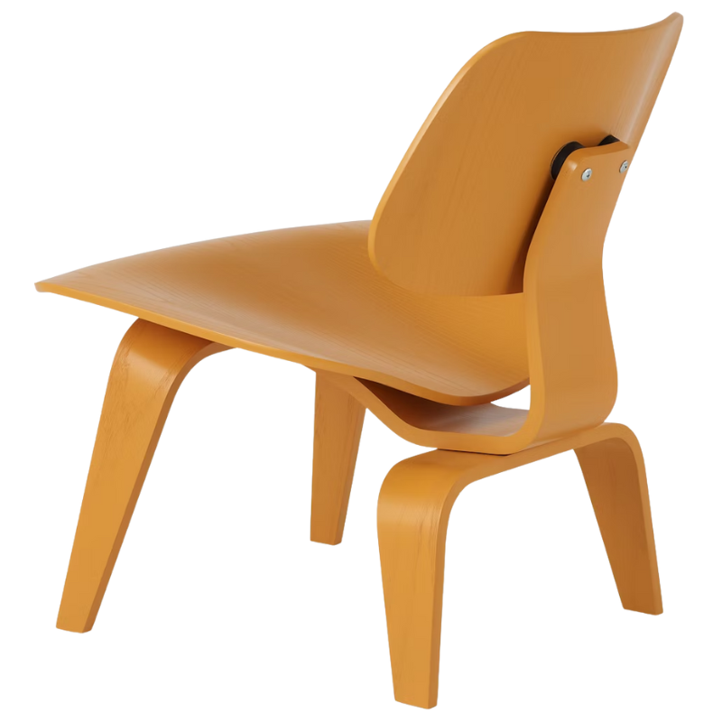 The Deep Yellow Stain Eames Molded Plywood Lounge Chair Wood Base from Herman Miller from the back at an angle.