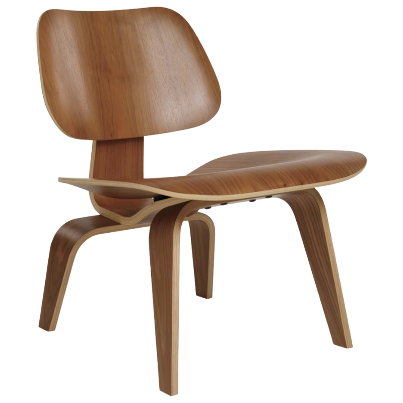 The Walnut Eames Molded Plywood Lounge Chair Wood Base from Herman Miller from an angle.
