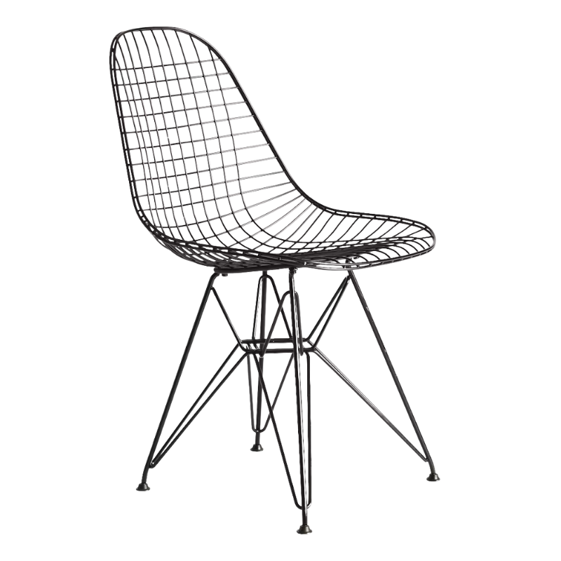 The black Eames Outdoor Wire Chair from Herman Miller from an angle.