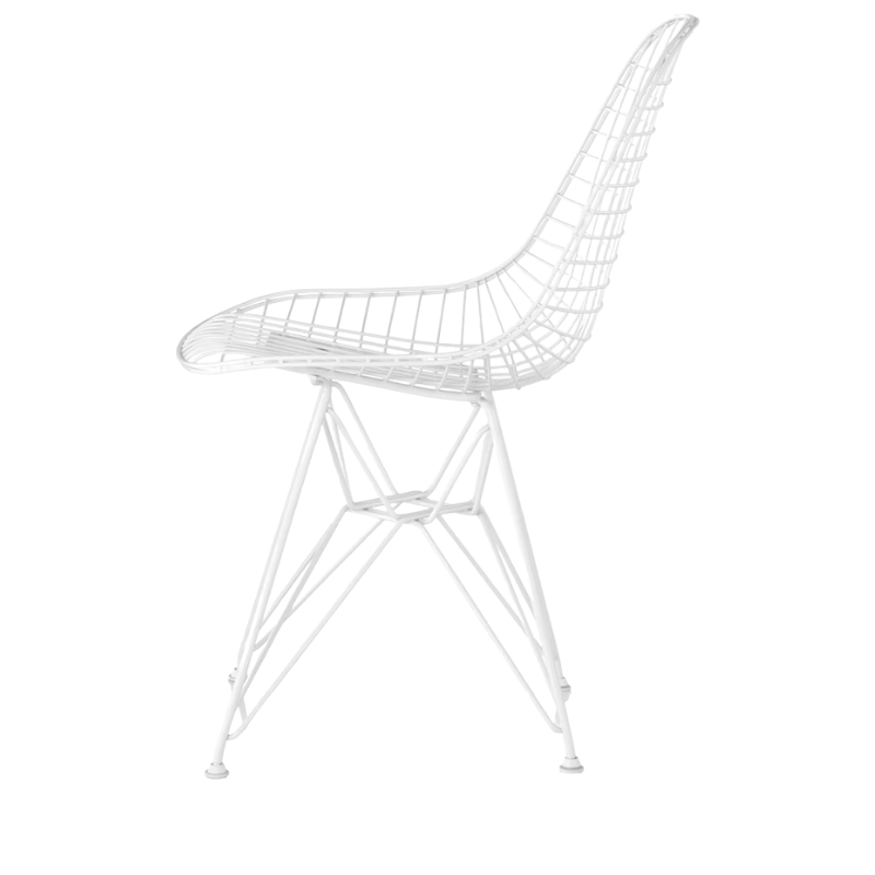 The white Eames Outdoor Wire Chair from Herman Miller from the side.