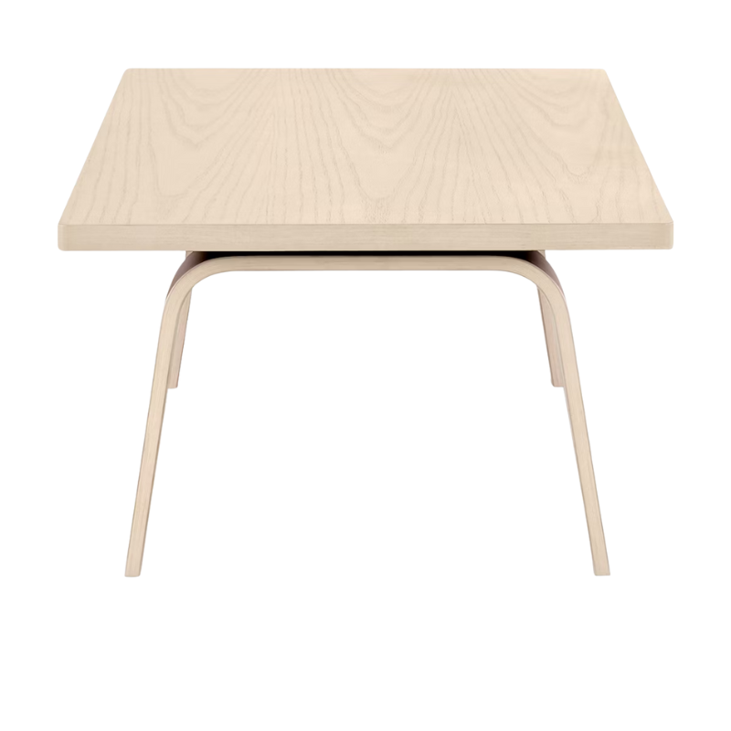 The 22 by 36 inch studio white ash veneer Eames Rectangular Coffee Table from the side.